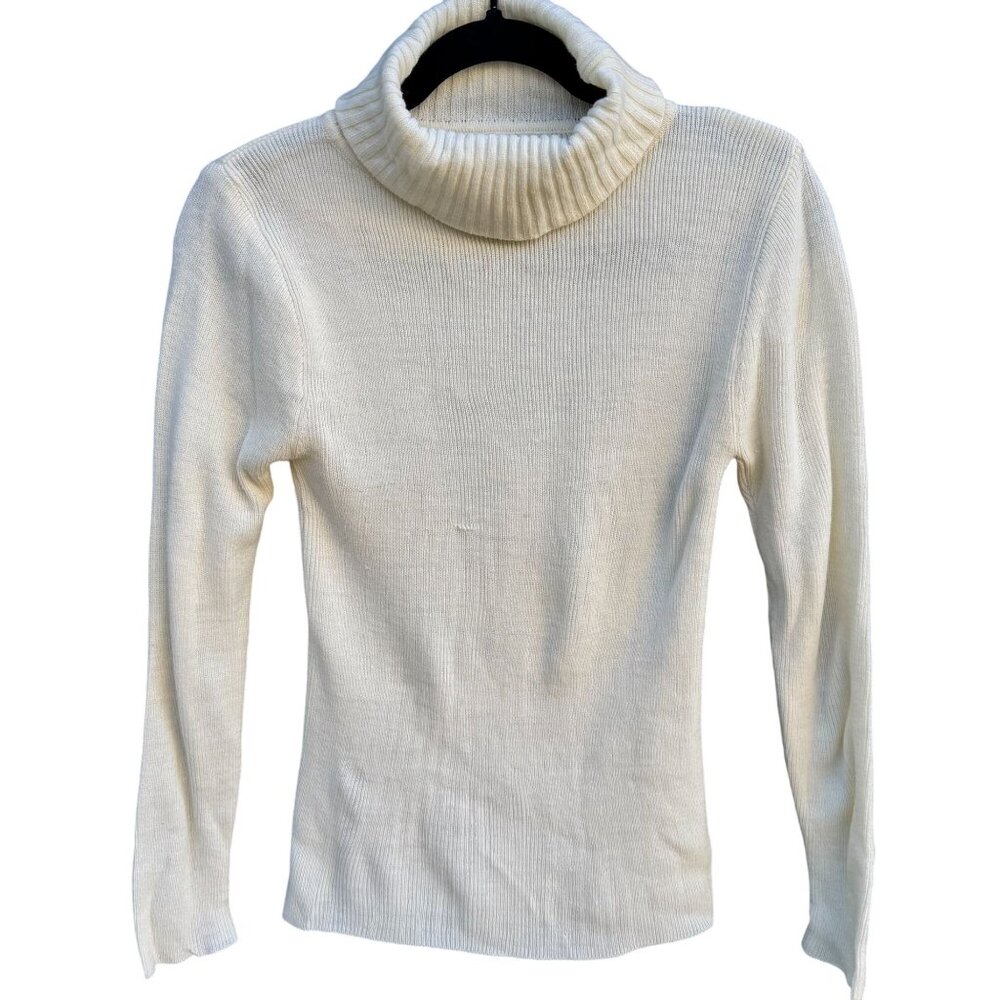 Daddys Money Vintage 70s Coquette Preppy Ribbed Turtleneck Sweater Ivory Women M